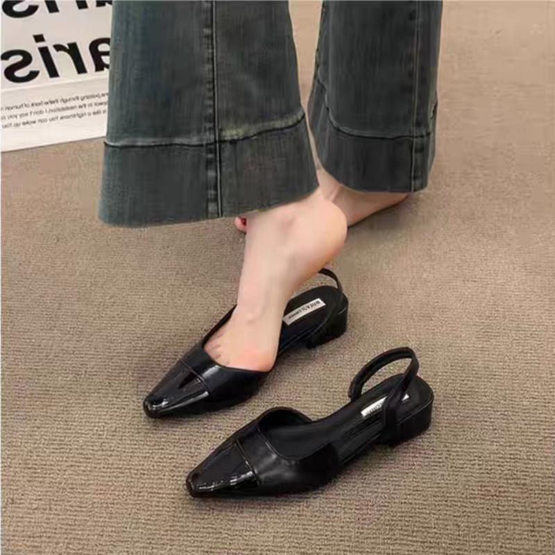 Large Size Low-heeled Women's Sandals - Fashionable New Style, Can Be Paired with Skirts, French Pointed-toe Open Heel Shoes