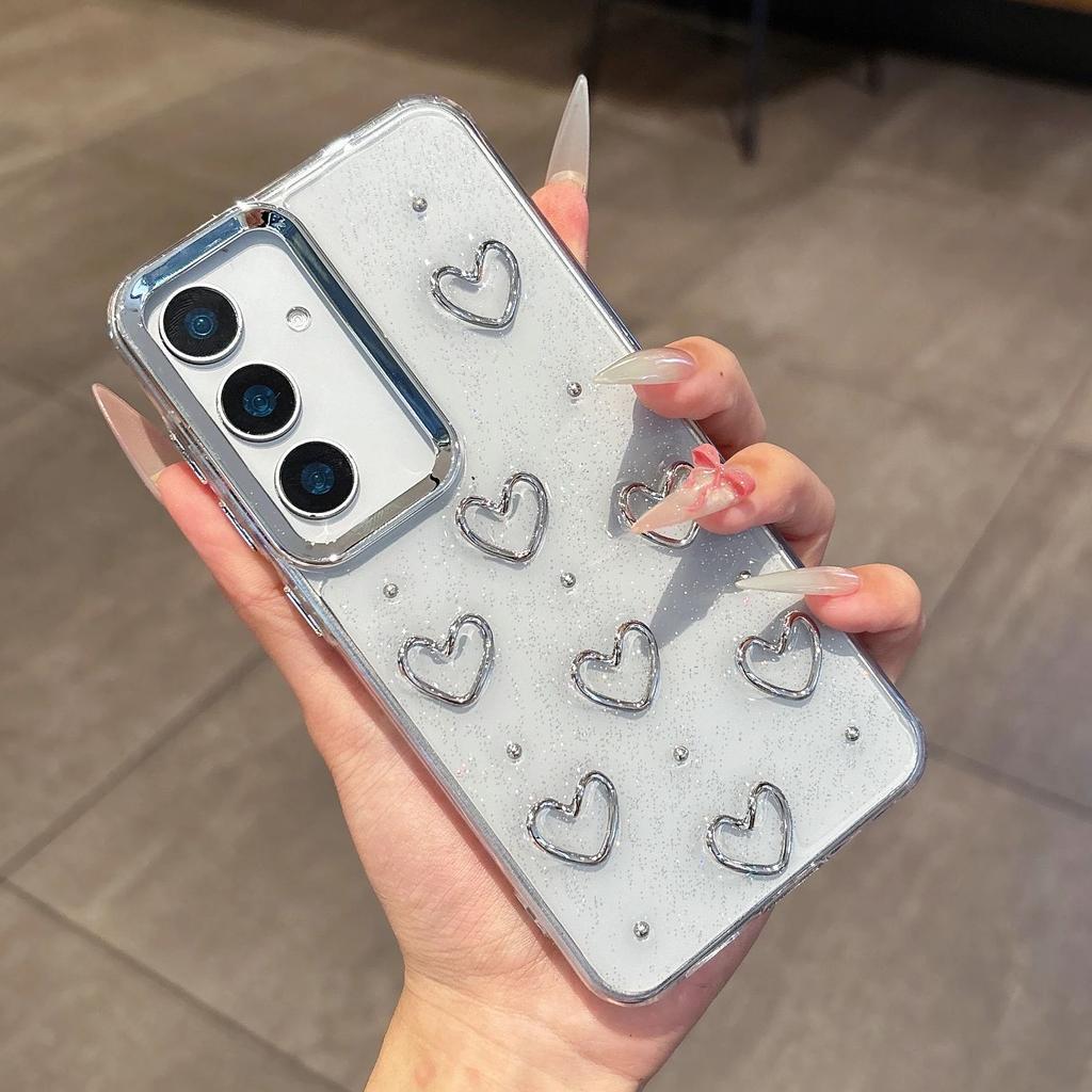 Clear Glitter 3D Silver Love Heart Case For Samsung Galaxy S25 S24 S23 Ultra Plus FE A56 A36 A26 A16 A55 A35 Epoxy Bumper Cover
