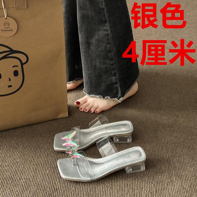 Fairy Wind Transparent Crystal Thick Heel Outer Slippers 2025 Summer New Bow Square Toe One-word Sandals