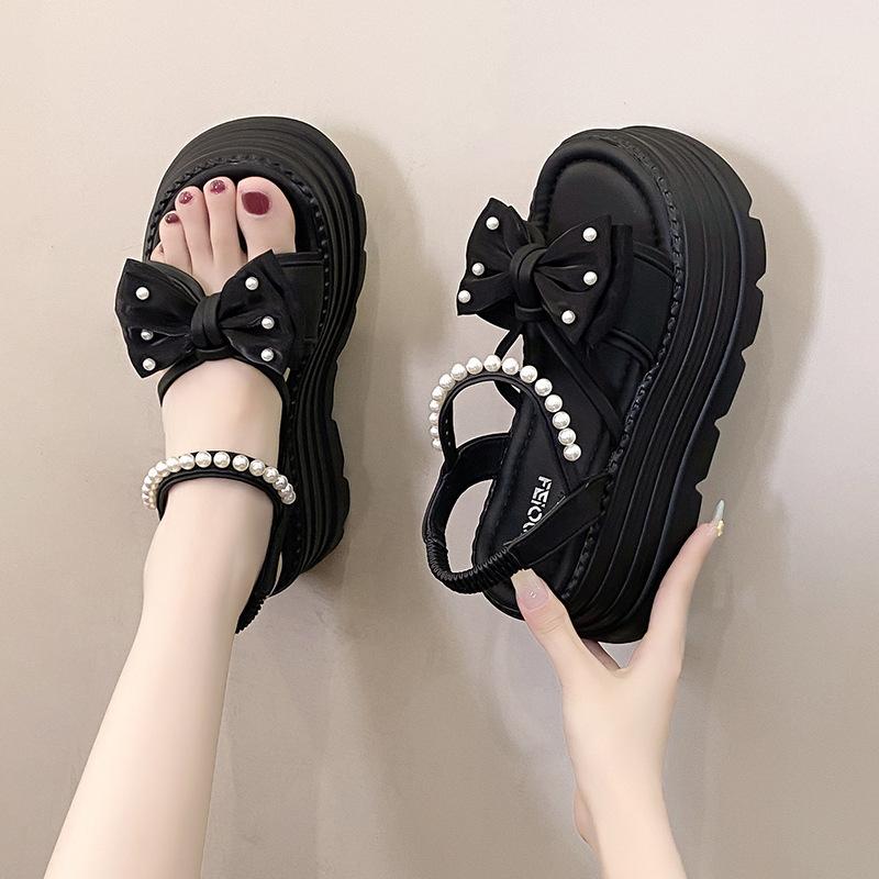 High-heeled Summer Bow Fairy Wind Platform One-word Pearl Sandals Women's 2025 New Fashion Roman Women's Shoes
