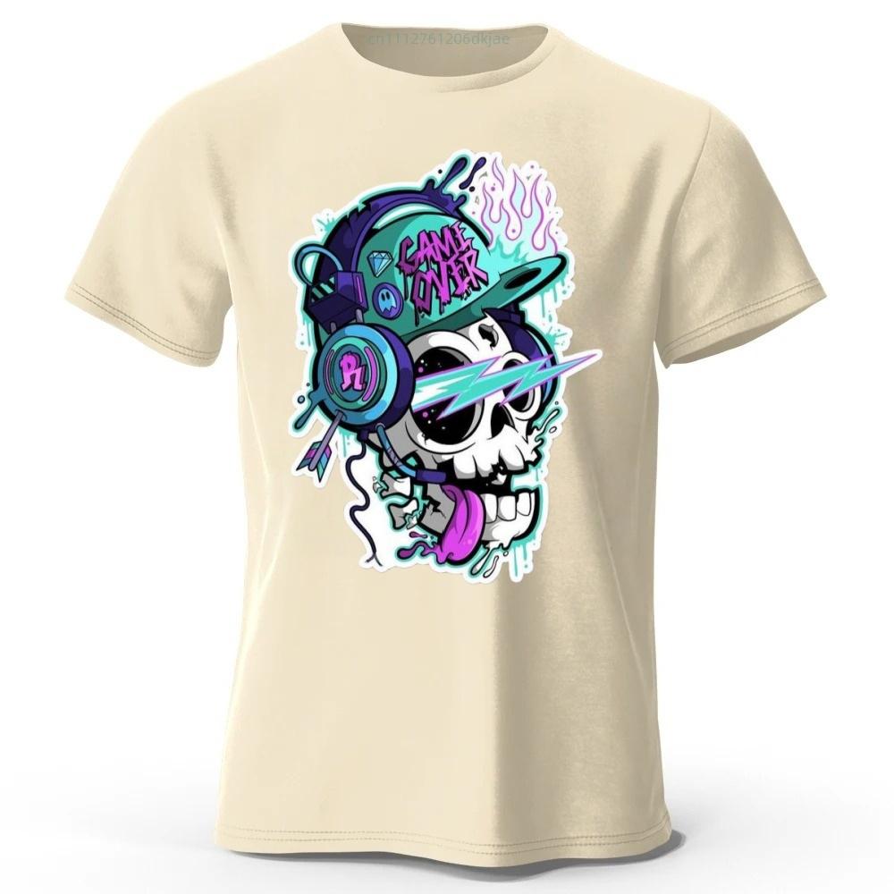New Hiphop Rock Style Skull Print Pure Cotton Short Sleeved Menswomens Loose Oversized Soft and Comfortable Tshirt Top