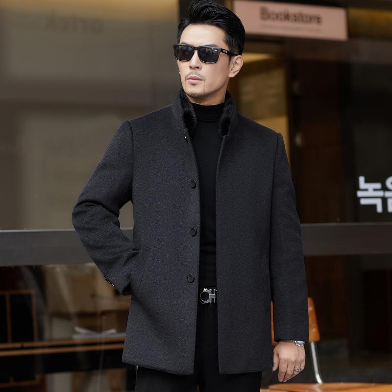 

Зимнее мужское двухстороннее кашемировое пальто, съемный воротник-стойка с пуховым воротником, утолщенное шерстяное пальто с воротником из меха норки высшего качества 195