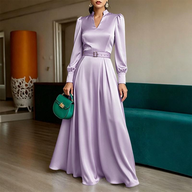 ZANZEA Women Casual V-neck Solid Color Casual Long Sleeve Elegant Satin Dress S