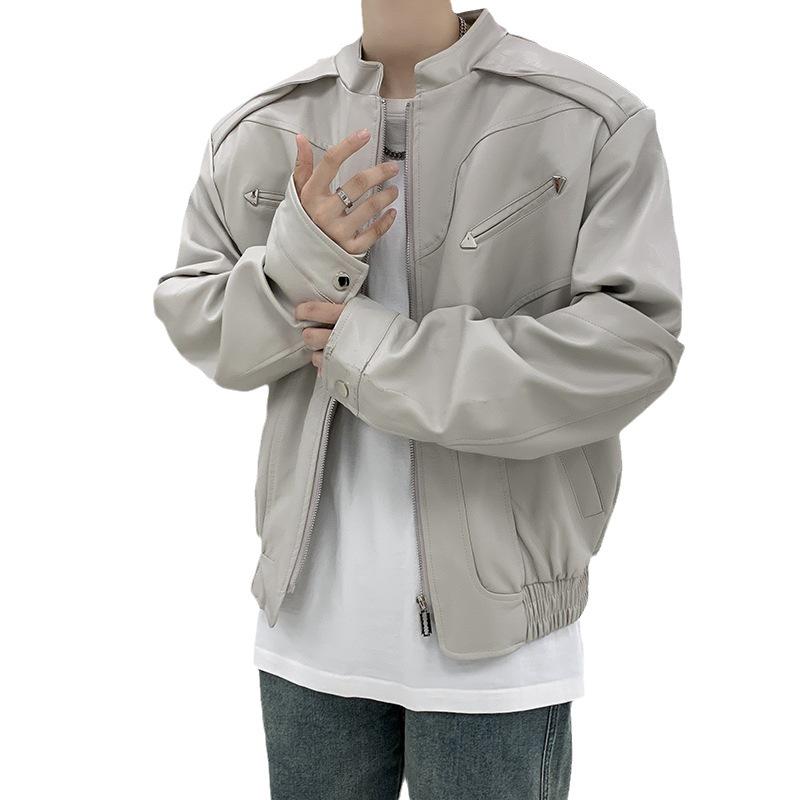 Men's High-End Short Leather Motorcycle Jacket - Trendy Spring/Autumn Street Style with Stand-up Collar