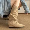 Fashion Khaki Faux Suede Mid Calf Boots for Women 2025 Fashion Pointed Toe Pleated Western Boots Woman Slip On Autumn Winter Booties