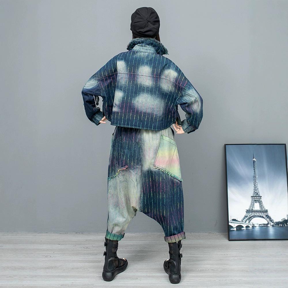 Do Old Color Strips Denim Lapel Collar Long-sleeved Short Jacket Large Crotch Pants Two-piece Set Women's Spring and Autumn Fashion Suit European Good