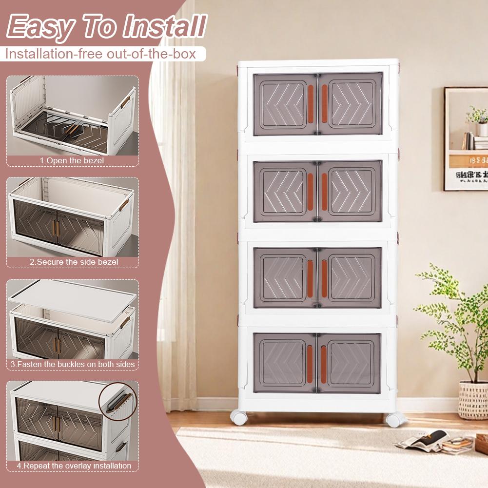 4 Tier Stackable Storage Bins with Doors & Wheels Foldable Organization Storage Drawer for Living Room Bedroom Office