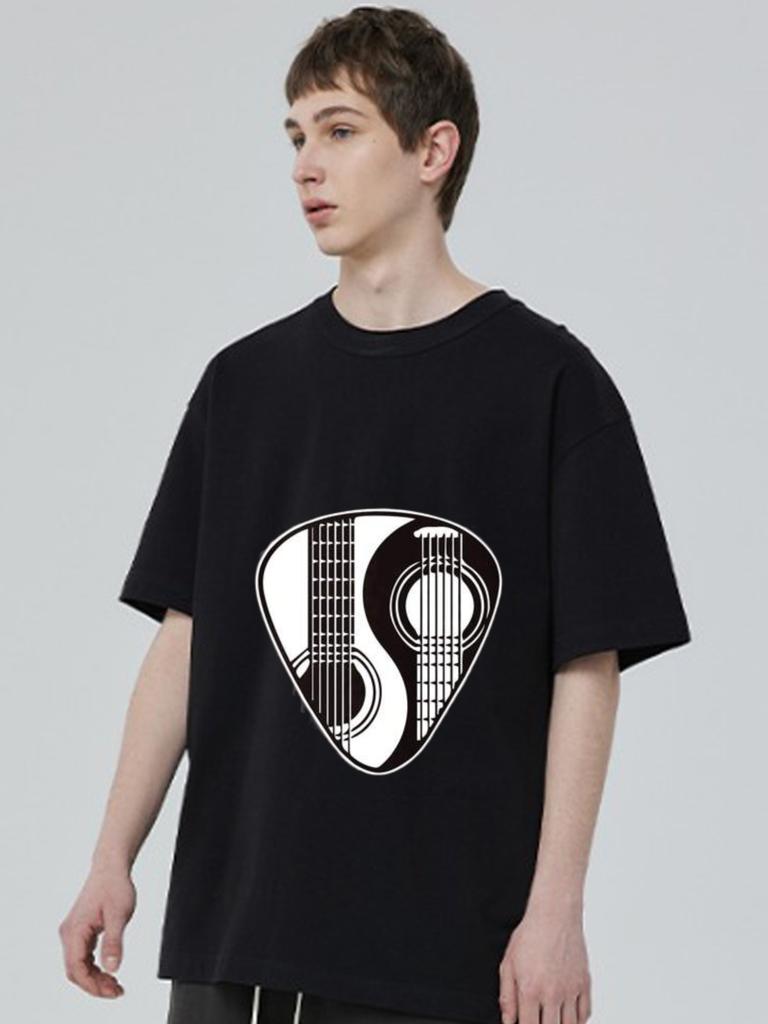 Black T-Shirt Guitar Pick Design Music Inspired Casual Wear for Men and Women Streetwear Fashion Statement Top
