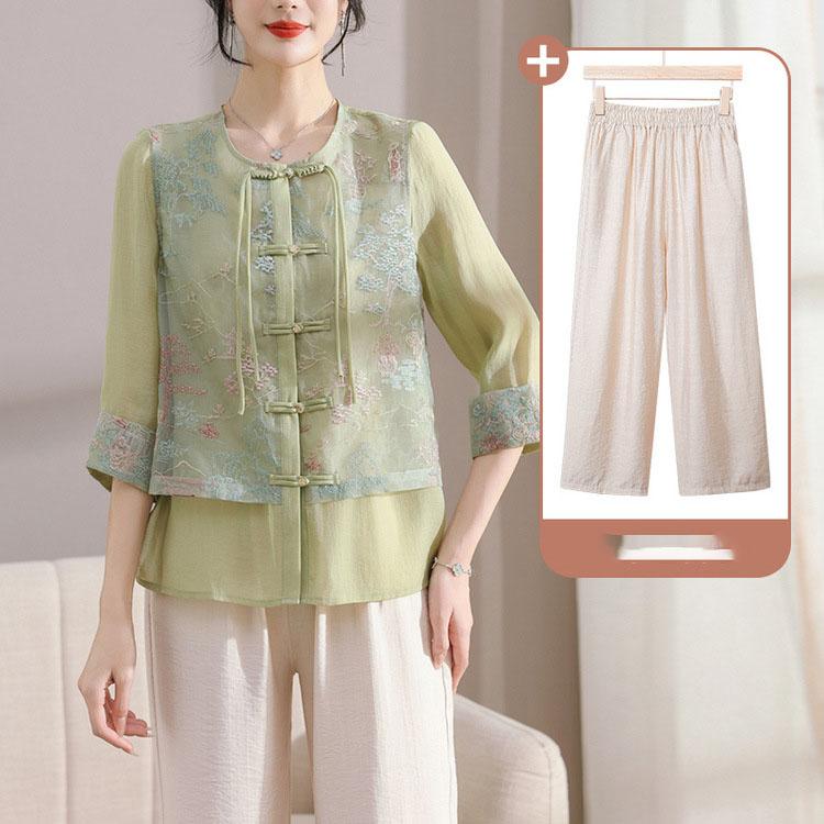 Hedvábný top s výšivkou, módní košile na knoflíky v čínském stylu