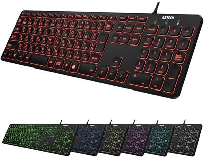Arteck USB Wired Wire Keyboard with 7 Color Changeable Full 6 Feet Numeric Compatible with Windows Backlight, Brightness, Size, Cord, Keypad,