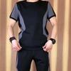 2Pcs/Set O-Neck Short Sleeve Casual Outfit Elastic Waistband Drawstring Pockets Men Patchwork Color T-shirt Jogging Pants Set Streetwear