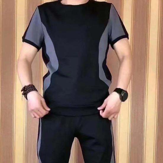 2Pcs/Set O-Neck Short Sleeve Casual Outfit Elastic Waistband Drawstring Pockets Men Patchwork Color T-shirt Jogging Pants Set Streetwear