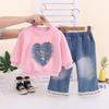 Girls' Korean Style Heart Hoodie & Jeans Two-Piece Set for Spring/Autumn