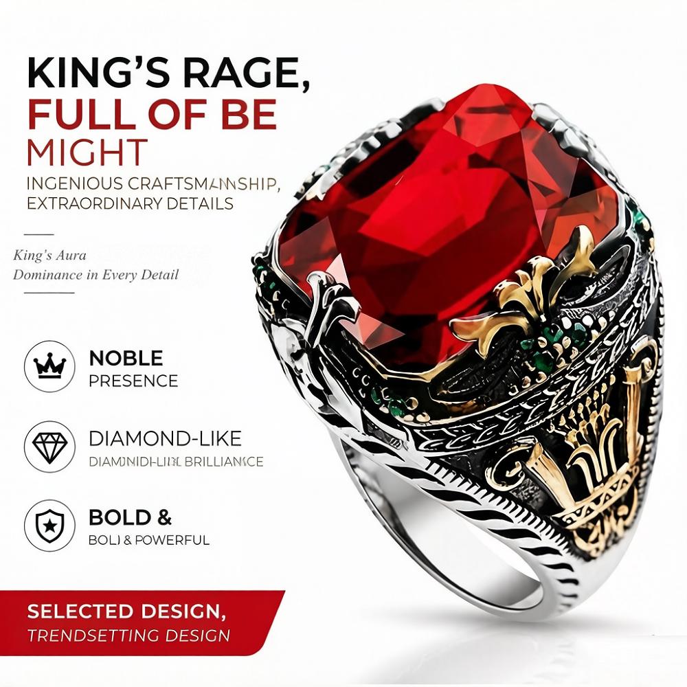 Vintage Men's Ring Stainless Steel Retro Castle Pattern Finger Ring Colorful Artificial Crystal Gemstone Statement Ring for Men