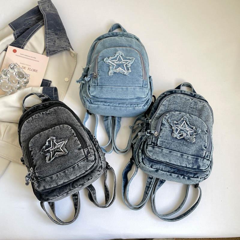 Bolso de Pecho de Mezclilla Gran Capacidad Bolso Cruzado para Mujer Viajero Múltiples Compartimentos Mochila de Estrella de Cinco Puntas