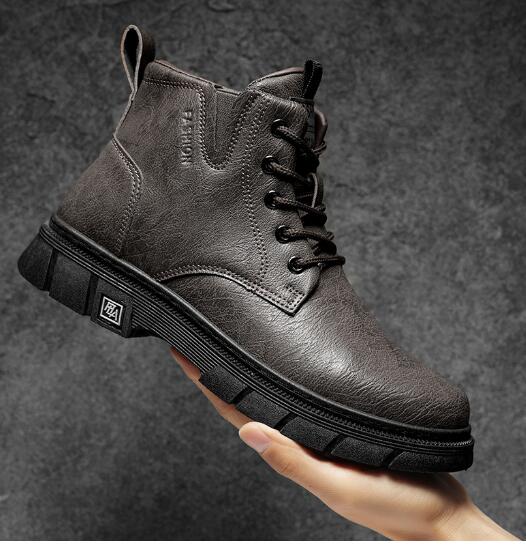 Male British Black Male Boots Fall High Top Tide Ankle Boots Casual Leather Motorcycle Boots D473