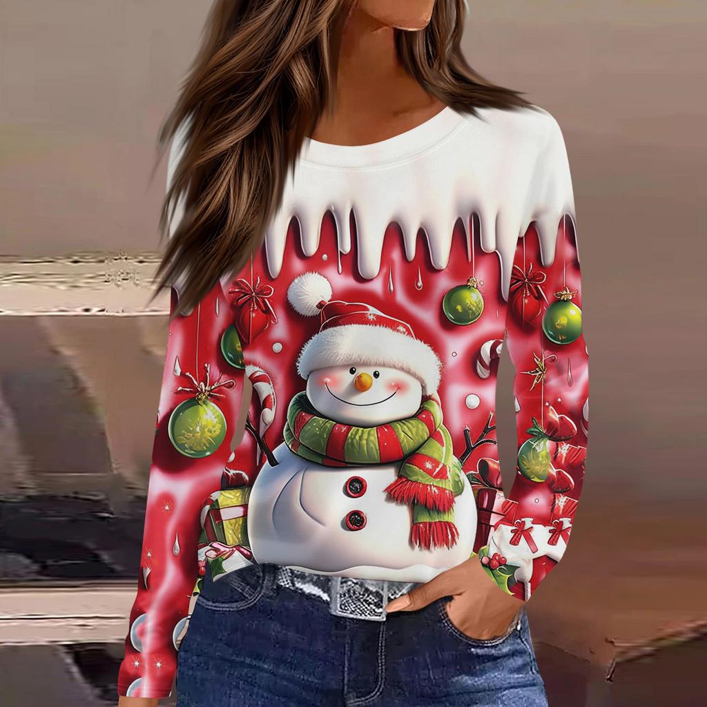 Damenmode Lässig Schlitz Saum Rundhals Langarm Lose Bedrucktes T-Shirt Damen Top