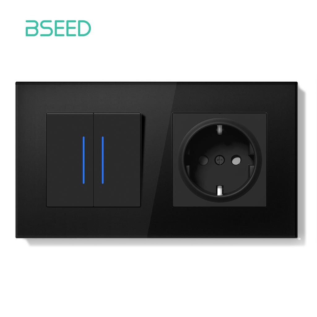 BSEED 1/2Gang Wall Light Switch Mechanical Double Button Switch 1Way With LED EU Sockets USB 20W Type-c Power Ports Glass Panels