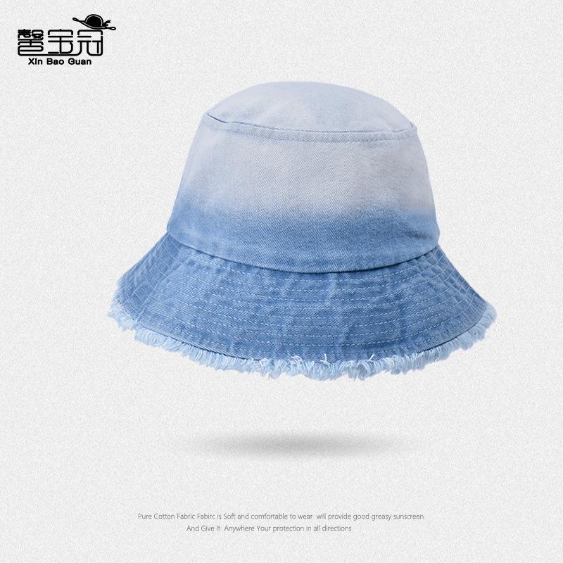8452 New Hat Women's Gradual Change Denim Bucket Hat Showing Face Small Rough Edge Basin Hat Outdoor Sunshade Sun Protection Hat