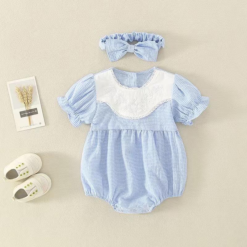 

Korean Style Plaid Baby Romper - Short Sleeve, Snap Crotch, Trendy Outdoor Wear for Infants and Toddlers 66 cm