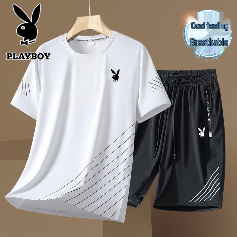Playboy Men s Striped Ice-Feel T-Shirt & Shorts Set 4XL