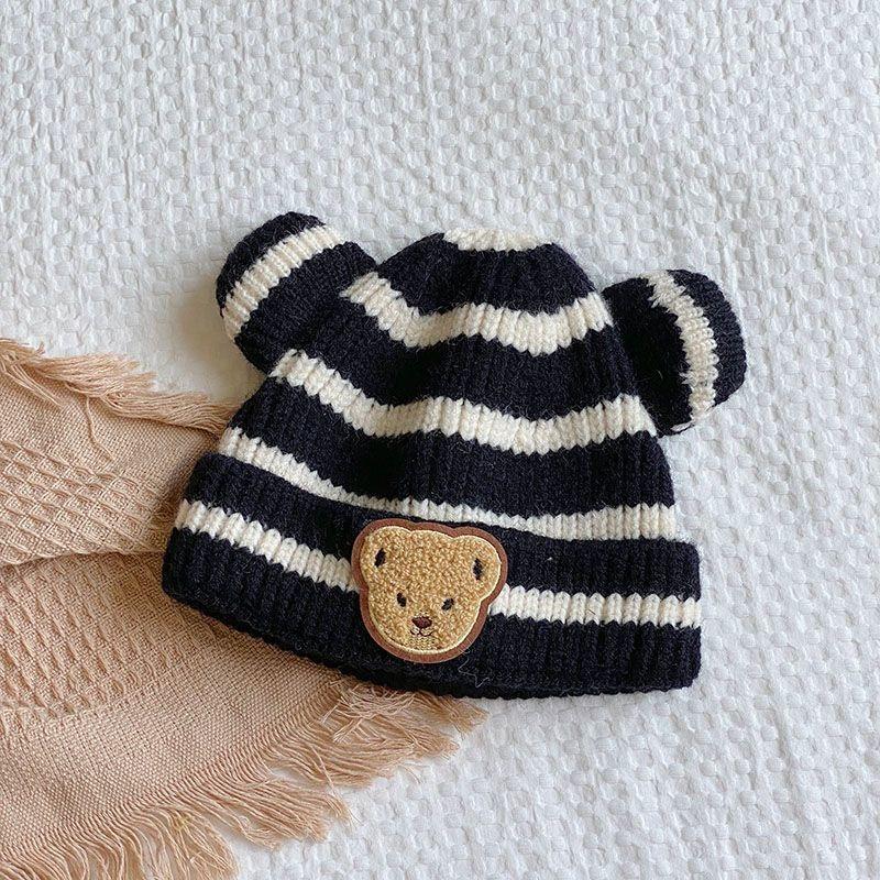 Autumn and Winter Children's Warm Hat Cute Striped Bear Hat Baby Double Ball Knitted Hat Men's and Women's Treasure Hats