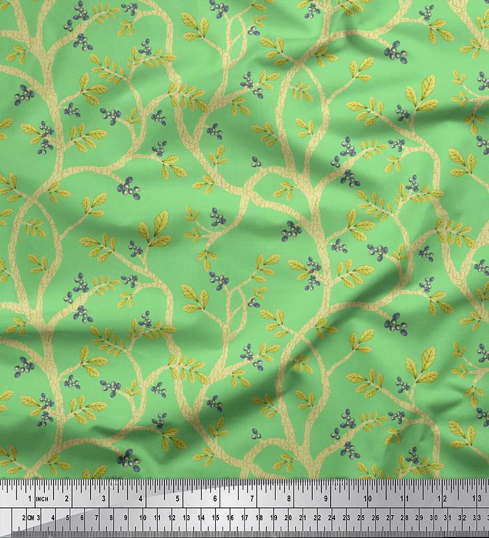 

Тканина Soimoi Black Poly Crepe Тканина з принтом листя чорниці у дворі 42 дюйма 42 Inch Wide - Poly Crepe зелений