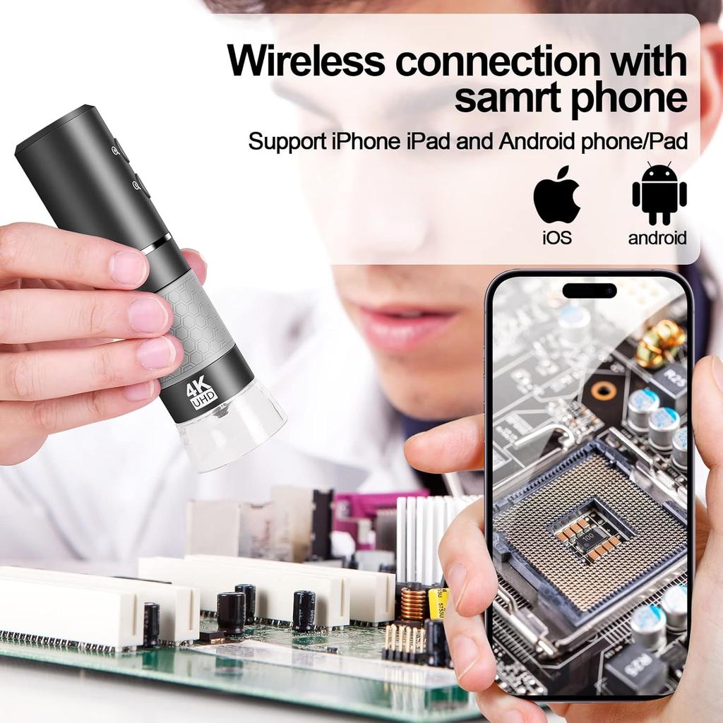 4K WiFi Digital Microscope Camera for iPhone Android Phone and Windows Mac PC, 3840x2160P Portable Wireless Handheld Microscope for Adults and Kids