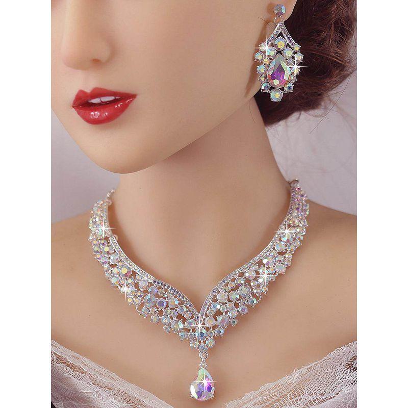 Fashion Crystal Necklace Earrings Jewelry Suit Alloy Rhinestone-Encrusted Jewelry Ornament Accessories Ball Performance Super Flash