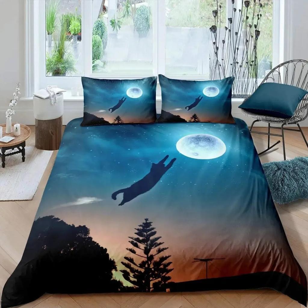 Comforter Galaxy Cat Girls 3D Digital Cat Bedding Set Galaxy Colorful Cat Starry Sky Comforter Lover