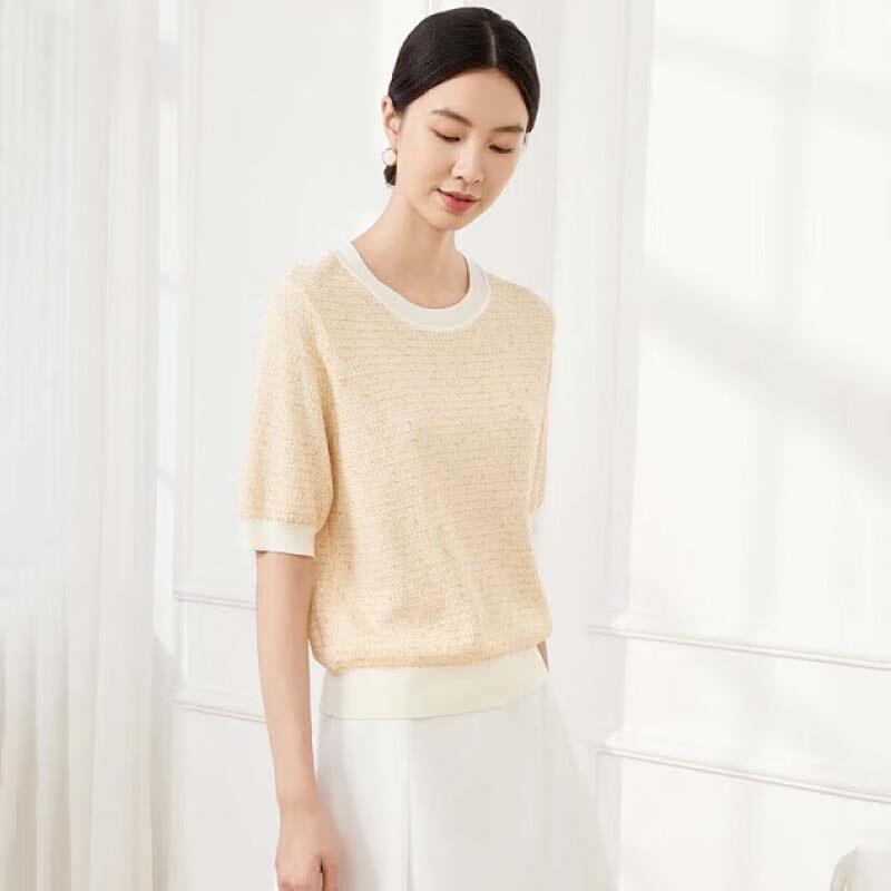 JESSIE Women's Round Neck Tweed Knit Short Sleeve Pullover