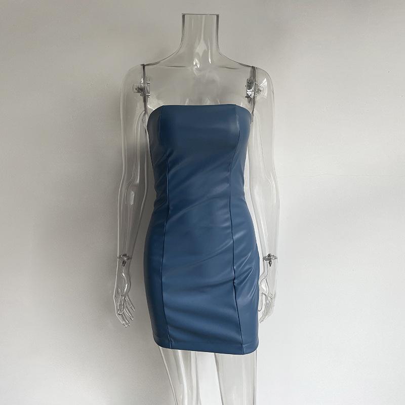 Strapless PU Leather Mini Dress Backless Outfits Summer Night Club Party Bodycon Dresses Sleeveless Solid S-L