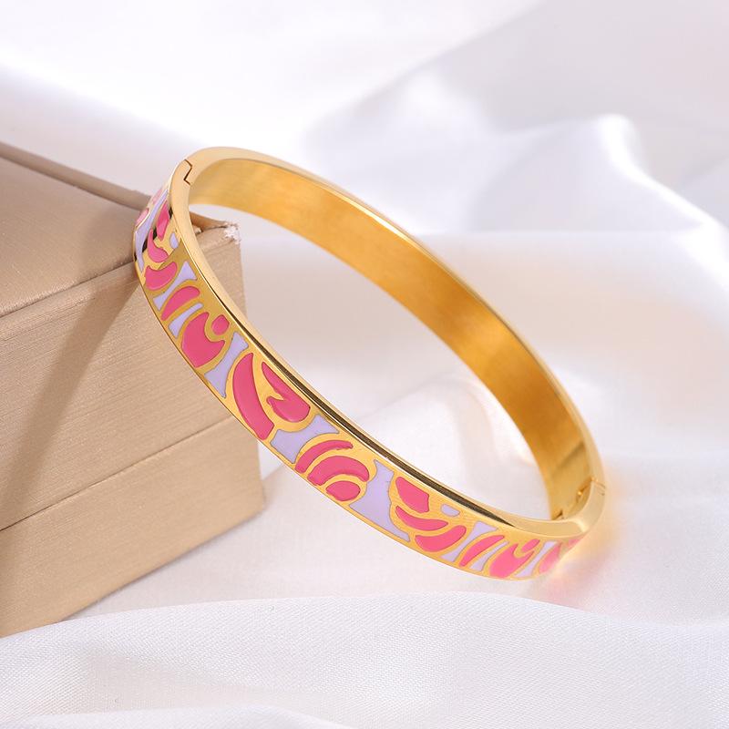 Titanium Steel Bracelet Open Pattern Enamel Oil Drop Light Luxury Bracelet for Women One  Size(18CM~21CM)
