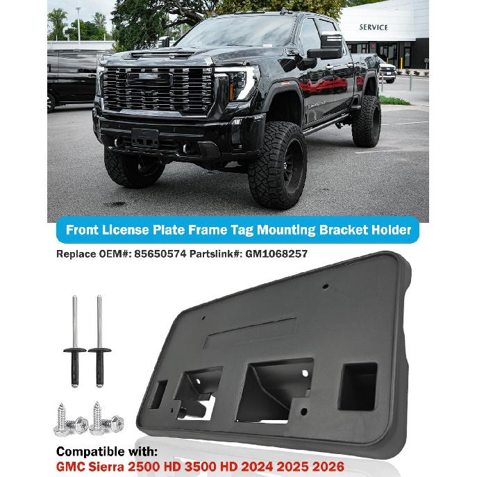 Front License Plate Frame for GMC Sierra 2500 HD 3500 HD 2024 2025 2026 Front Bumper License Plate Holder Mounting Bracket Cover Replace# 85650574