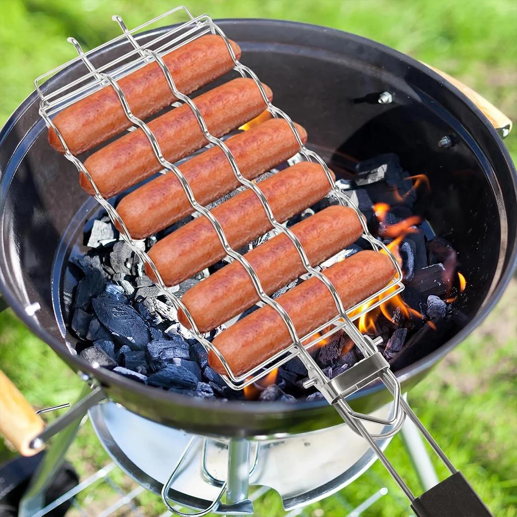 Stainless steel BBQ grill mesh, hot dog sausage grill clip, detachable folding ham sausage grill, outdoor barbecue rack