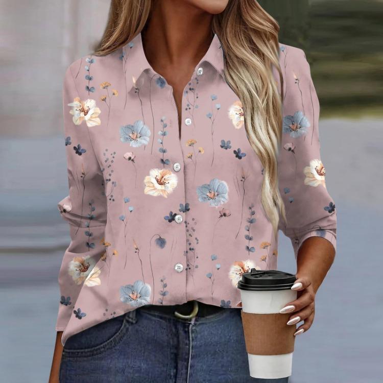 Women Floral Print Long Sleeve Button Down Blouse Casual Shirt Collar Top Basic Wear