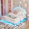 Princess Bed 140x200cm Flat Double Bed Crown-Shaped Soft Upholstery Made of Faux Leather Adjustable LED Ambient Light Strip White