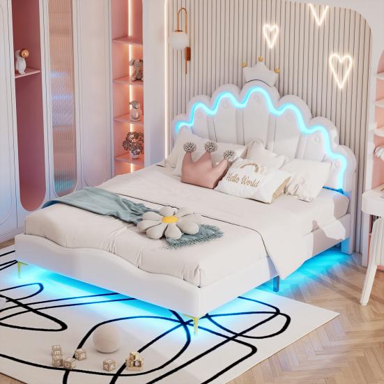 Princess Bed 140x200cm Flat Double Bed Crown-Shaped Soft Upholstery Made of Faux Leather Adjustable LED Ambient Light Strip White