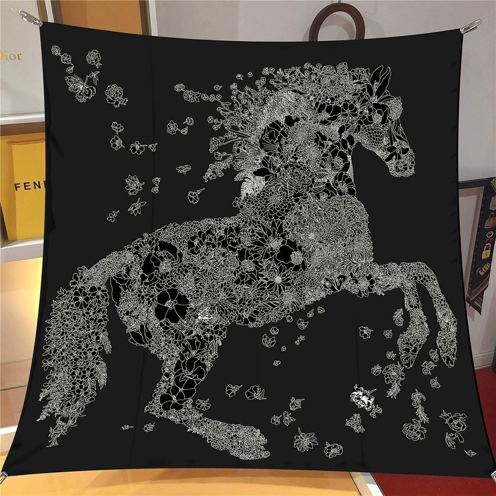 90CM Silk Scarf Women Flower Horse Print Square Scarves Head Echarpes Silk Foulards Femme Wraps Beach Shawls Bandana Lady Hijab