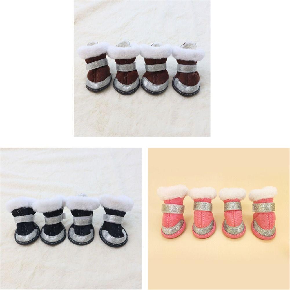 4Pcs/Set Waterproof Winter Dog Shoes Warm Thickened Pet Snow Boots Velvet Soft Sole Anti-slip Dog Shoes Outdoor Indoor