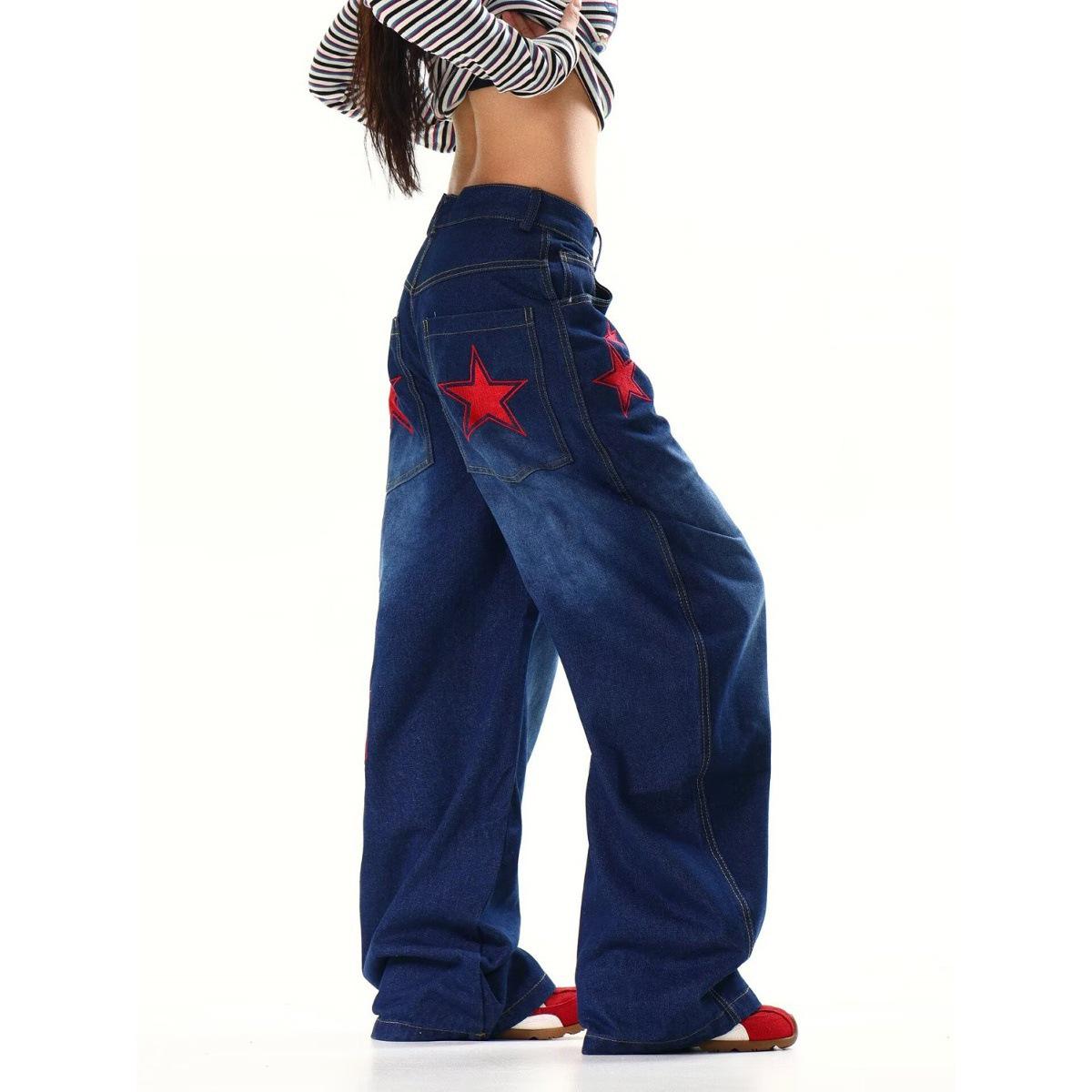 Women s Vintage Retro Embroidered Wide-Leg Jeans 2XL темно-синий