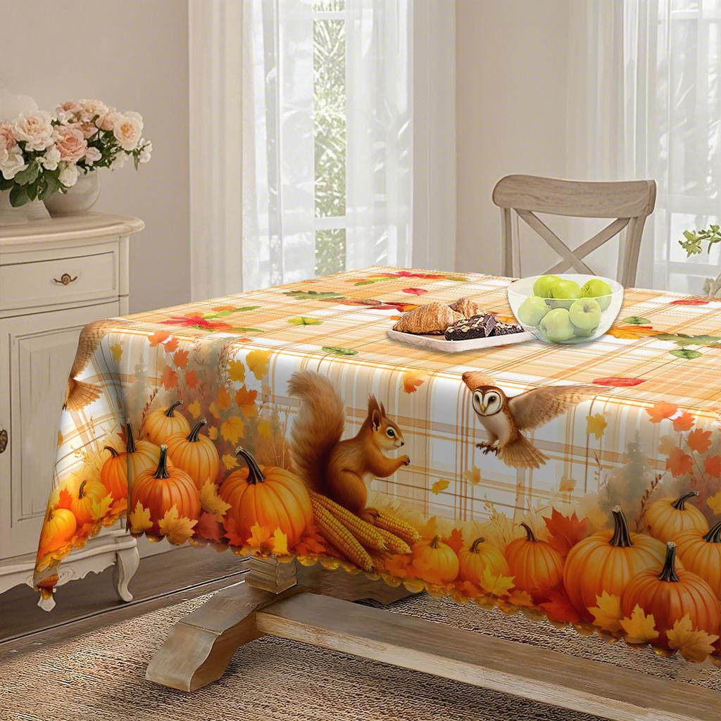Pastoraler Herbst-Tischdecke, Kürbis, Eichhörnchen, Herbstlaub-Elemente Erhellen Die Esstisch-Atmosphäre Polyester Rechteckige Tischdecke