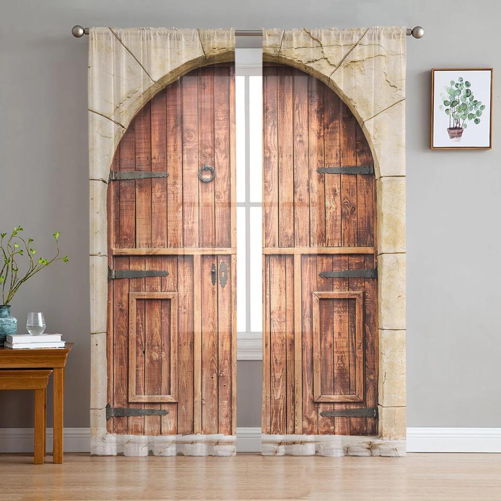 Moderne Vintage Holztür Türrahmen Tüllvorhänge Wohnzimmer Dekoration Chiffon Voile Küche Schlafzimmer Fenstervorhang mit Lichtfilterung Polyester