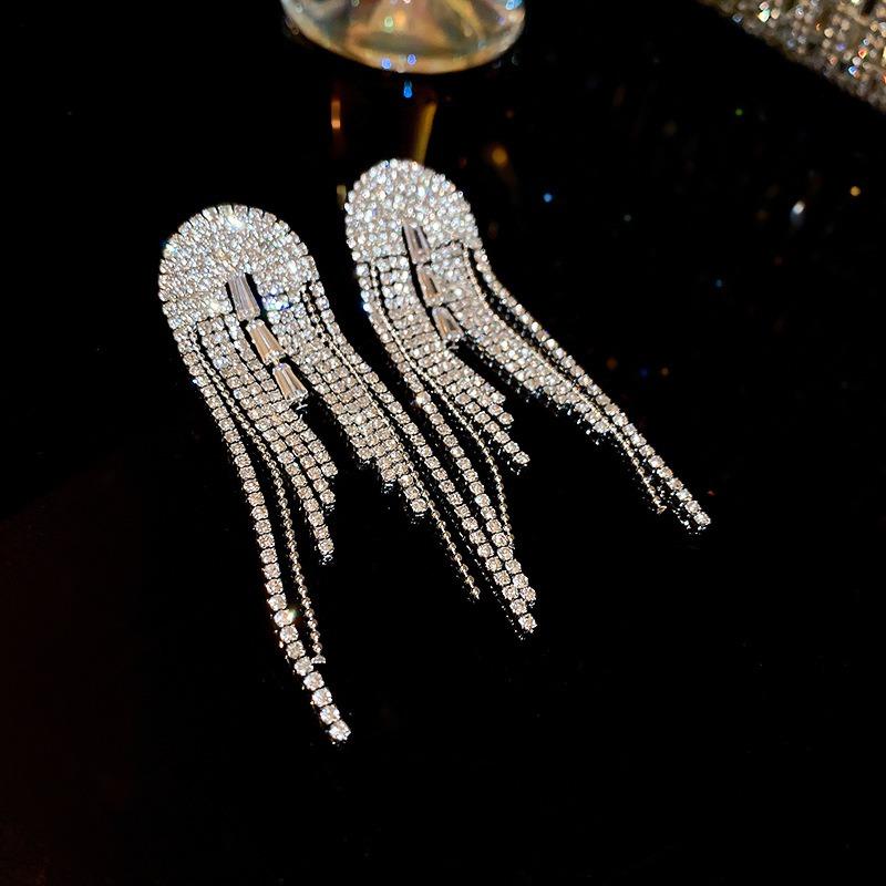 Silver Needle Diamond Flower Water Drop Tassel Earrings Exaggerated Earrings Light Luxury Premium Earrings Women