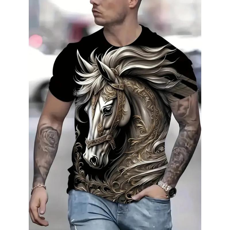 Summer Round Neck 3D Horse Print Top Fashionable Casual Vintage Short Sleeved Men's T-shirts