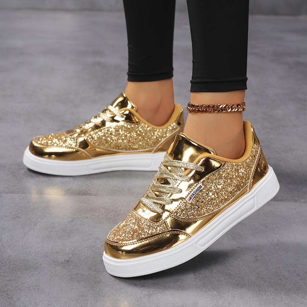 Women's Sequined Low Cut Lace Up Design Paired with PU Upper and EVA Cushioned Sole, Suitable for Daily Commuting and Leisure Travel