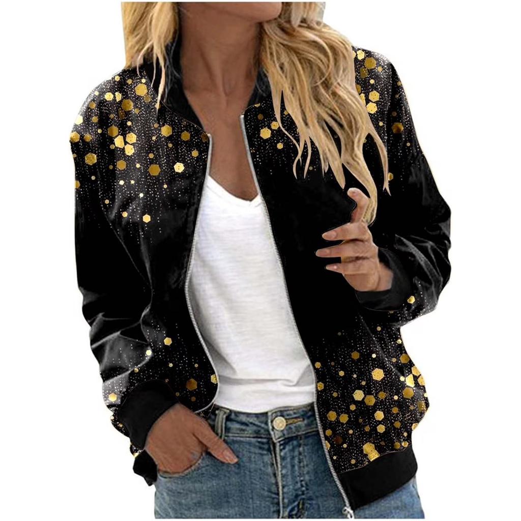 Women's Fashion Long Sleeve Sequin Starlight Print Round Neck Zip Jacket