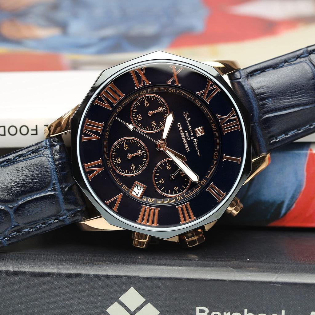 Salvatore Marra Men's Navy Chronograph Wristwatch, 10 ATM Water Resistant, Leather Strap, SM15104S-PGNVPG