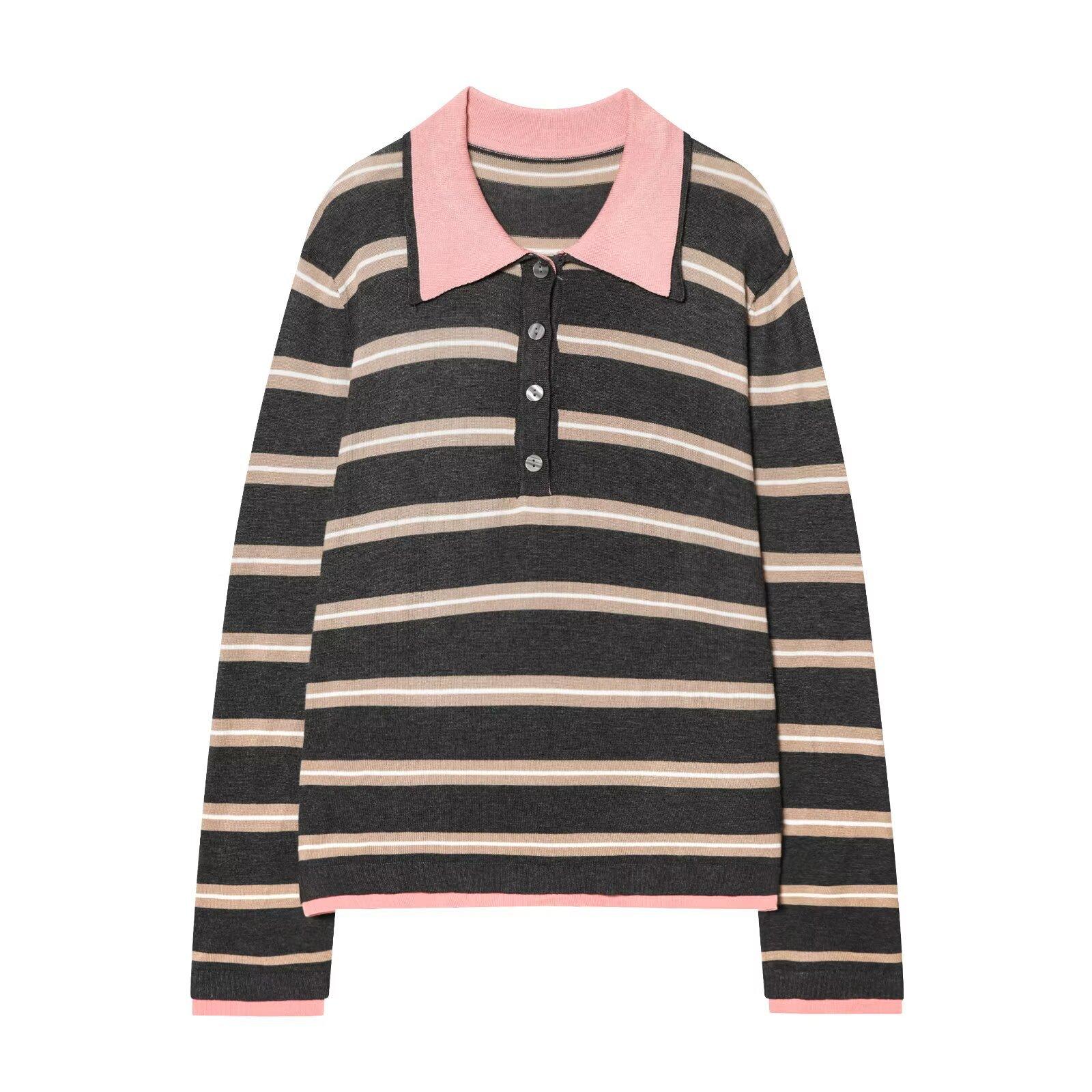 European and American style, new women s clothing, foreign style, splicing striped knitted POLO shirt 2142003 S