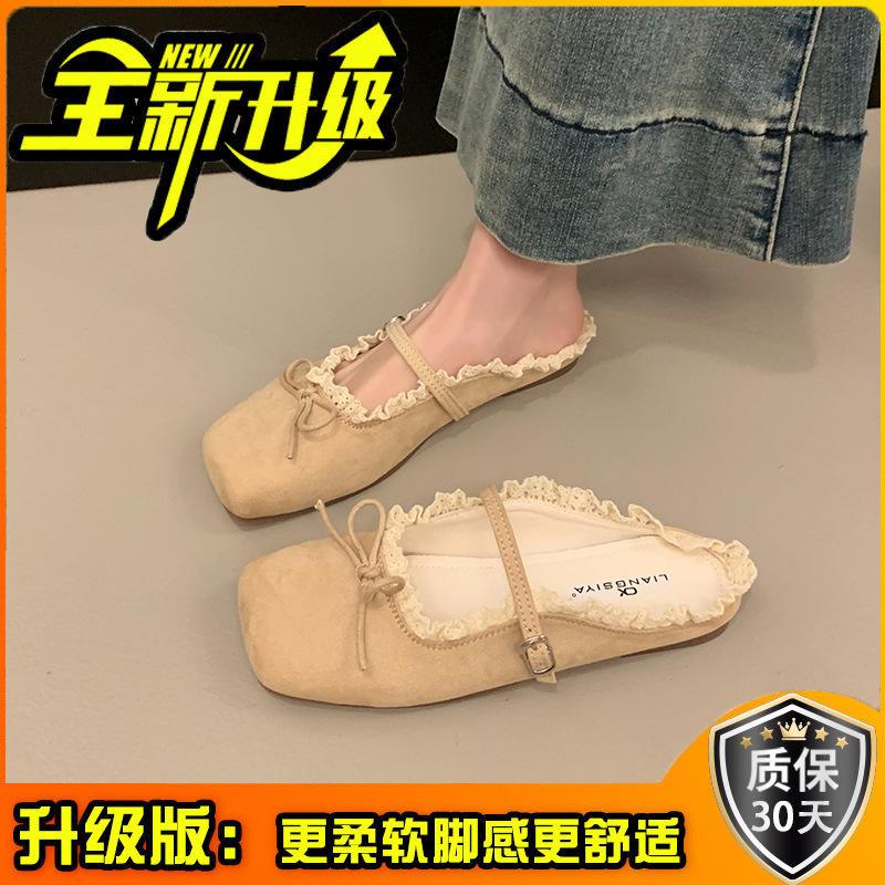 

Нежный сказочный балетный стиль сумка голова полусапожки девушка лето 2025 новый квадратный носок кружевной край бант биркенкул тапочки 40